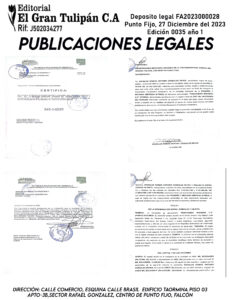 Publicación del Registro Mercantil de la empresa Pescadería Misamar, C,A