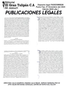Publicación del Registro Mercantil de la empresa Pescadería Misamar, C,A