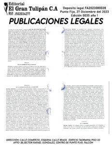 Publicación del Registro Mercantil de la empresa IGURBURGUERS, C.A