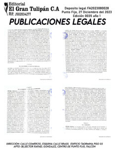 Publicación del Registro Mercantil de la empresa TONY SHOP 2023, C.A