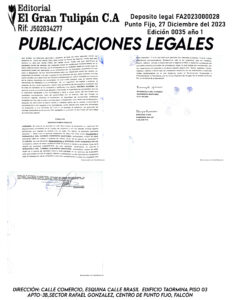 Publicación del Registro Mercantil de la empresa Sabor Hogareño, C.A