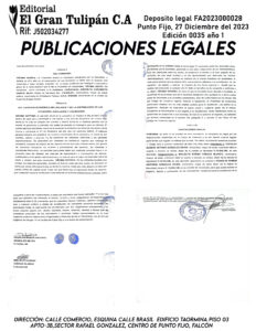 Publicación del Registro Mercantil de la empresa Pescadería Misamar, C,A