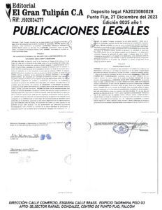 Publicación del Registro Mercantil de la empresa Sebasgurt_PF C.A