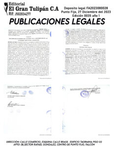 Publicación del Registro Mercantil de la empresa TONY SHOP 2023, C.A