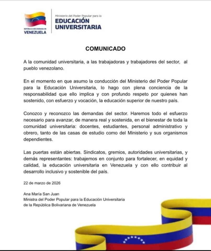 Primer mensaje de la ministra de Educación Universitaria: Esto dijo