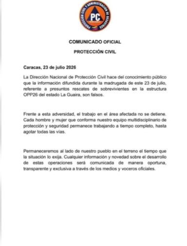 Protección Civil desmiente sobrevivientes en OPP26 de La Guaira